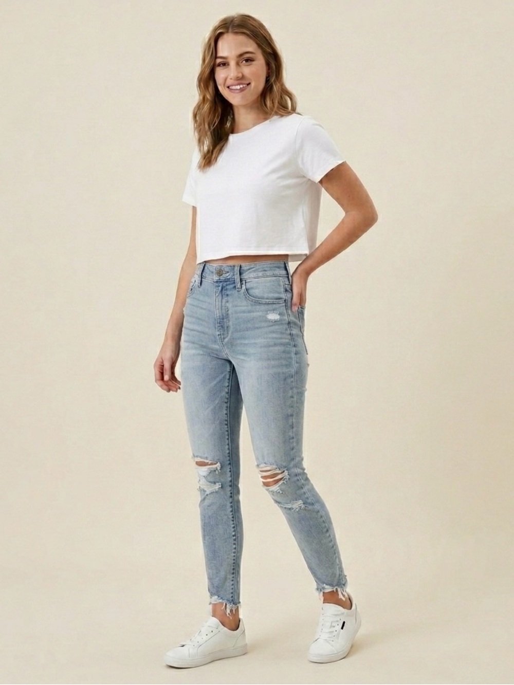 AE Factory Distressed Ripped Busted Knees Light Wash Super Stretch Skinny Jeans
